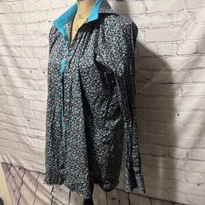NWOT Axxess High Quality Stylish Black & Blue Patterned shirt red buttons Cotton